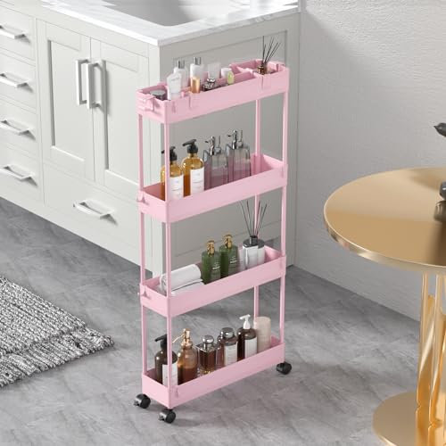 SPACELEAD Carrello portaoggetti sottile a 4 ripiani, organizer da bagno, scaffale mobile scorrevole per ufficio, cucina, lavanderia e luoghi stretti, rosa