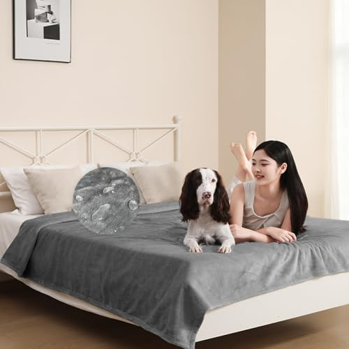 DUJUIKE wasserdichte Bettdecke, wasserdichte Hundedecke Aus Flanell, Geeignet FüR Haustierdecke, Matratze, Sofa, MöBelschutz, Doppelseitige Weiche Multifunktionale üBerwurfdecke (202 X 232 cm, Grau)