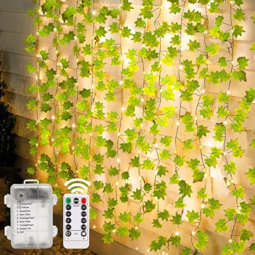 Yowin Fairy Lights 10M 100 LED Fake Ivy with Battery, Remote Control for Aesthetic Room Decor, 8 Modes Waterproof Artificial Ivy with Fairy Lights for Balcony Room Garden Patio