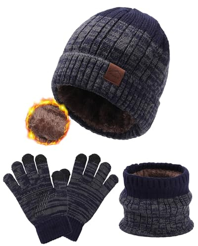 WELROG Children's Winter Hat Scarf Gloves for Boys Girls Winter Hats Scarfs Set for Children 4-15 Years Warm Outdoor Hat and Scarf for Kids Winter Ski Suit Navy Blue