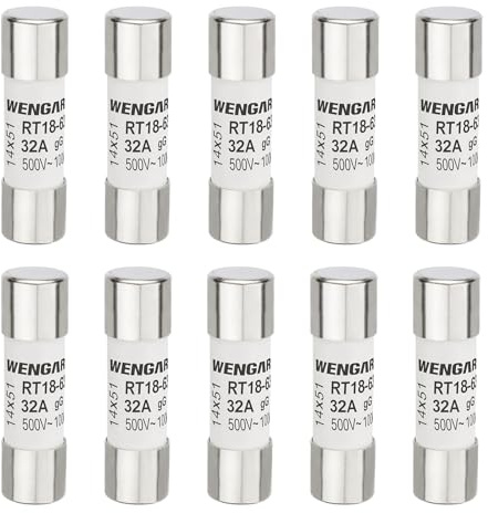 Wengart Fusible cilíndrico de cerámica CA RT18-63 (RO16), AC500V 32A 100kA, 10 unidades, 14x51 mm, adecuado para electrodomésticos, instalaciones industriales, edificios eléctricos