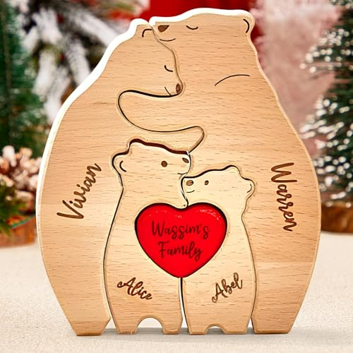 VEELU Personalisiertes Holzkunstpuzzle der Bärenfamilie mit 2-8 Namen | Familien Geschenke für Mama, Oma, Papa, Mutter zum Muttertag & Vatertag | Holz Bär Desktop Ornament Home Tischdekoration