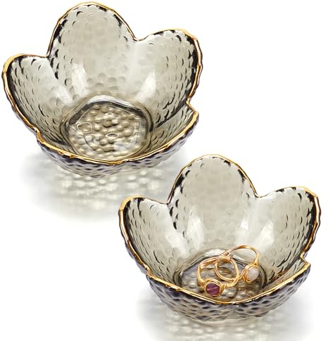 nbeads 2 Stk. Kleines Glas Trinket Tray, BLUMENNn Ring Schale Schmuck Tablett Schwarzer Kristall-Schmuck-Teller für Ringe Ohrringe Schmuck Uhren Schlüssel Salat, 9×8.8×4.1cm