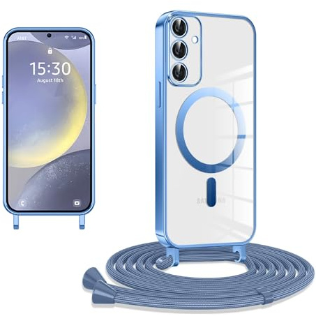 CaseLover Magnetische Handyband für Samsung Galaxy S25 5G Hülle mit Band, Klare Silikon Necklace Handyhülle mit Kordel zum Umhängen Stossfest mit Kameraschutz Bumper Handy Schutzhülle Case, Blau