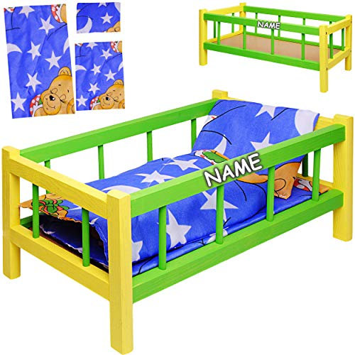 alles-meine.de GmbH Holz Puppenbett - 43 cm lang - inkl. Name - mit Bettwäsche - Jungen & Mädchen Farben - für große & kleine Puppen - Matratze Decke & Kopfkissen - Kinderbett Ba..