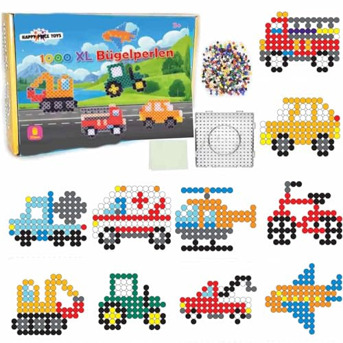 1000 Maxi XL 10mm Bügelperlen Set Fahrzeuge, 1 Maxi Stiftplatte, 1000 Bunte Bügelperlen, 10 Papiervorlagen, 1x Bügelpapier