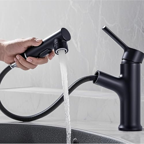 Penbinmall miscelatore da cucina nero a bassa pressione con doccetta estraibile, miscelatore monocomando con doccetta estraibile a 3 modalità, miscelatore per lavabo con bocca girevole per bagno