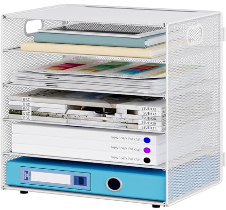 JEBELE 5 Fächer Schreibtisch Organizer Ablagefächer Magazin Organisator Dokumentenhalter Aktenablage Zeitschriftenhalter mit für Ordnern Metall,Weiß