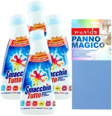 Smacchio Tutto Concentrato, Efficace su Tutte le Macchie, Dotata di Spazzolina Erogatrice, Usare Prima di Lavare, 250ml + OMAGGIO 1 Panno Magico 30x30cm (4 Flaconi + 1 Panno)