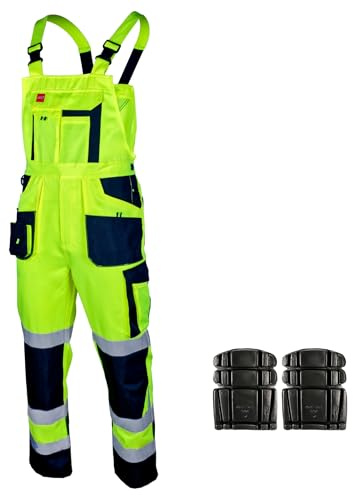 ART.MAS Hi-Vis Bib and Brace Overalls Yellow Class 2 Visibility Work Dungarees with Reflective Bands - Comfort & Safe Construction Railway Highway Workwear (32/34 Inch - 50 EU, WITH Knee Pads)