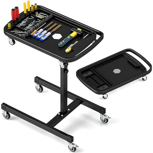 Goplus 2-in-1 Rolling Tool Tray, 31.5”-48.5” Height Adjustable Workbench with Detachable Part Tray, 130 LBS Max Load, Lockable Wheels, Portable Mobile Work Table for Garage, Repair Shop, Workshop