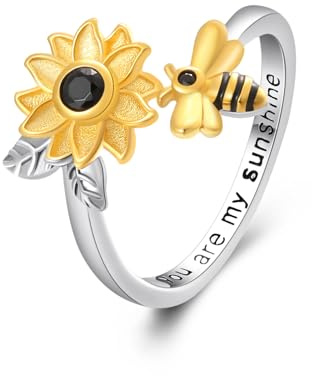 Offener Ring Damen 925 Sterling Silber Verstellbarer Ring Sonnenblumen-/Türkisfeder-/Engelsflügel Ring Hypoallergener Valentinstag Schmuck Geschenk für Ehefrau, Freundin, Tochter und Großmutter