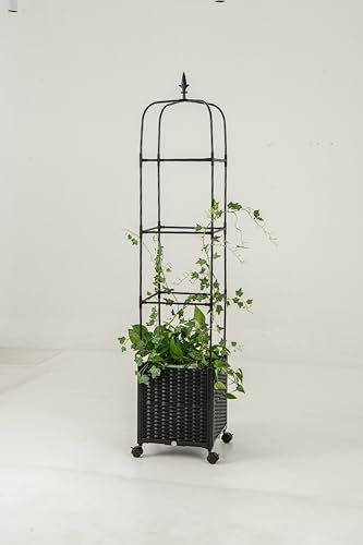 COSTWAY Traliccio per Rampicanti da Esterno, Obelisco Regolabile in Altezza tra 106-211 cm con Vasca per Piante e Ruote Bloccabili, Obelisco in Metallo per Fiori, Frutti e Verdure