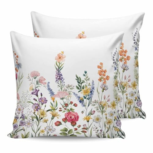 Outdoor Waterproof Throw Pillow Covers Set of 2 Wildflower Pillowcases 26x26 Inches Spring Floral Herb Decorative Pillows Cushion Case Patio Pillows for Couch Bed Chair Garden