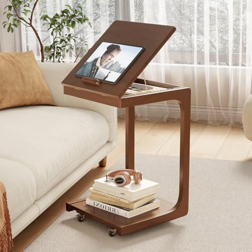 AQIMUELE Beistelltisch Holz, Sofatisch mit Rollen, C-Form, Mobiler Kaffeetisch, 40B x 40T x 63H cm, für Kaffee und Laptop (Walnussbraun)