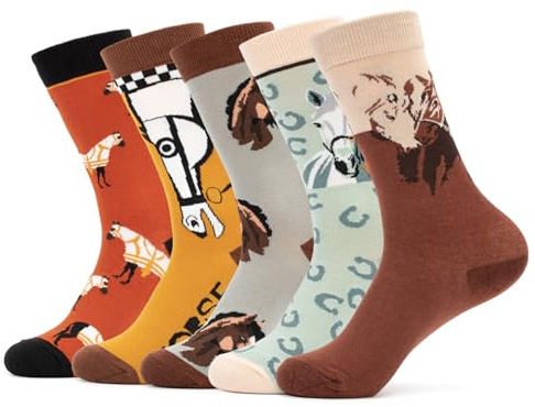 Kunoli 5 Pairs Horse Socks, Horse Gifts for Girls Women, Cute Cotton Animals Socks, Retro Style Women's Crew Socks Horse Lovers Equestrian Gift UK Size 2-7 (UK, Numeric, 2, 7, Regular, Regular, Pony)