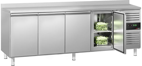 GGM Gastro Commercial Refrigerated Counter Fridge, 553L Capacity, 223x70x95cm, 4-Door Configuration, Airflow Defrost System, Stainless Steel AISI 304, with Upstand