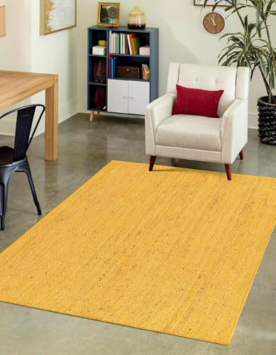 DecorAvenue Hand Braided Jute Area Rug Natural Fibers Hand Woven Bohemian Style Ruva Rug for Kitchen, Dining Room, Living Area Eco-Friendly Durable Carpet, Color- Yellow (120 cm x 120 cm)