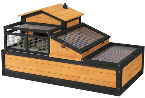 PawHut Schildkrötenhaus aus Holz mit 2 Ebenen Balkon für Reptilien Gelb | Schildkrötengehege, Haupthäuser, Outdoor-Reptilienkäfig, Zu Öffnendes Dach, Terrarium für Schildkröten