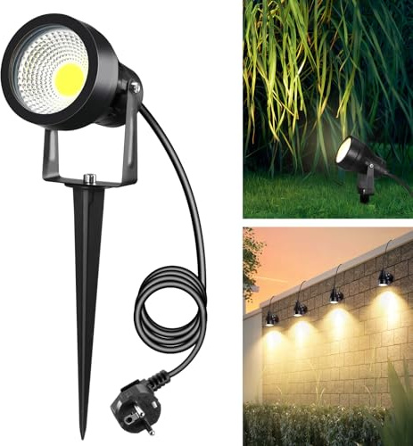 Letlit 7W 700LM Illuminazione da Giardino con Alimentazione & Picchetto di Terra, Lampade da Giardino a LED Super Luminose, 3000K IP65 Luce spot per Muro Terrazza Albero Sentieri All'aperto, 1 Pezzo