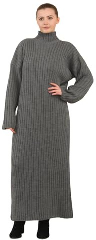 janisramone® Womens Ribbed Knitted Maxi Dress Funnel High Neck Long Sleeve Jumper Dress Warm Pull Over Comfortable Long Knitted Jumper Dresses Charcoal