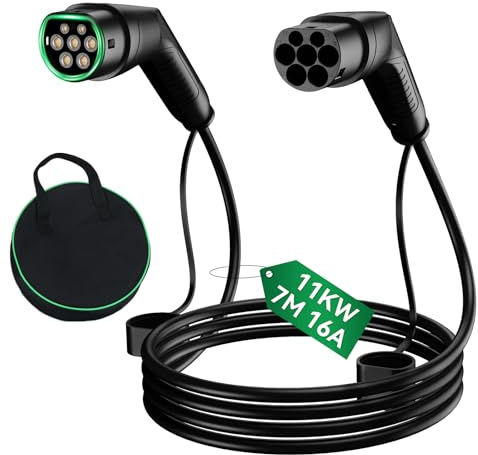 Fullwatt Typ 2 Ladekabel 11KW 7M 16A 3-Phasig mit Tragetasche | Ladekabel Elektroauto Typ 2 Kompatibel mit Model S/3/X/Y, für E Auto EV/PHEV, Schwarz