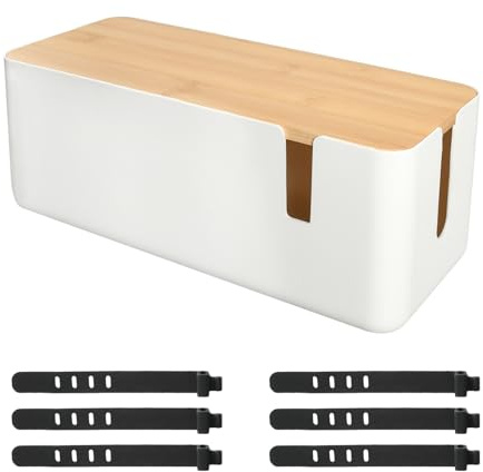 1 Organizador de Cables con 6 Bridas de Silicona, Caja Organizadora Cables con Cubierta de Bambú, Caja Oculta Cable Enchufes, Organizador de Cable para Escritorio Hogar Oficina, Blanco