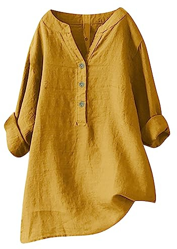 Generisch Top allentato con bottoni, colletto alto, collo a maniche fisse, camicia da donna lunga casual, giallo., 5XL