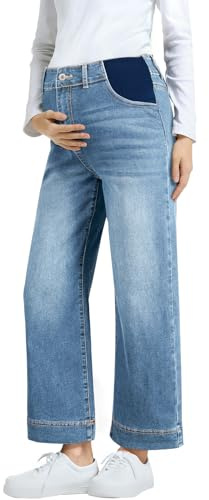 BLENCOT Women's Maternity Baggy Jeans Stretchy Wide Leg Jeans Side Panel Loose Pregnancy Denim Pants with Pockets Beau Blue XL