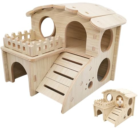 Hamster Haus aus Holz, Meerschweinchen Haus, Hamsterhaus, Mehrkammernhaus Hamster mit Rampe, Versteck für Kleintiere, hamstern Meerschweinchen Zubehoer, für Kleine Haustiere Zwerghamster Rennmäuse