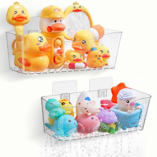 Antimbee Clear Bath Toy Storage, Large Capacity Bath Toy Holder, Quick Dry Bathtub Toy Storage Organizer, No Drill Adhesive Shower Caddy, Bathroom Shower Toy Basket for Baby Toddler Kids, 2 Pack