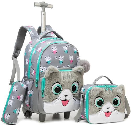 Egchescebo Kinder Rucksack mit Rollen für Mädchen die Schule Plüschstoff Tier Hund Koffer Schultrolley Komplett mit Lunchbag und Federmäppchen-Set Geeignet Grundschüler Jugendliche 5-12 Jahre Alt Grau