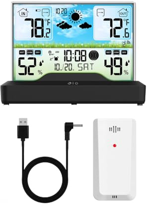 Wetterstation Funk mit Außensensor, Digitale Wetteruhr mit Temperatur Luftfeuchtigkeit Barometer Wettervorhersage, Funkwecker mit Schlummerfunktion, für Zuhause Büro