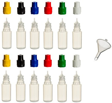 12 Stück 10 ml PP-Flaschen MIT FARBIGEN DECKELN + Füll-Trichter - Quetschflasche Leerflasche Kunststofflasche Plastikflasche Spritzflasche quetschbar zum befüllen und mischen auch Liquide