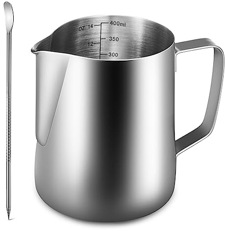 anpro Milchkännchen 400 ml / 14 fl. oz. Milk Pitcher Milchkännchen aus Edelstahl, ideal für Cappuccino, Milchaufschäumer, Silber