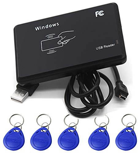 AMAO RFID Lector de Tarjetas sin Contacto, USB Interfaz con 5pcs Llaveros RFID EM4100 125KHz EM Inteligentes Proximidad ID Card Reader para Control de Acceso