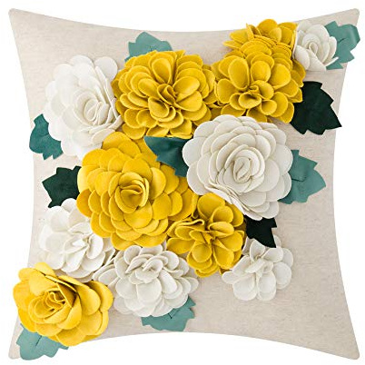KINGROSE 3D Flower Throw Pillow Cover Home Decorative Accent Pillow Case Sham Square Cushion Cover Sofa Bed Couch Living Room 18 x 18 Inches Yellow White