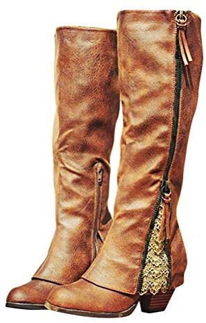 ORANDESIGNE Bottes mi-mollet simili cuir avec dentelle fermeture éclair talon carré vintage cowboy femme chameau 39 EU