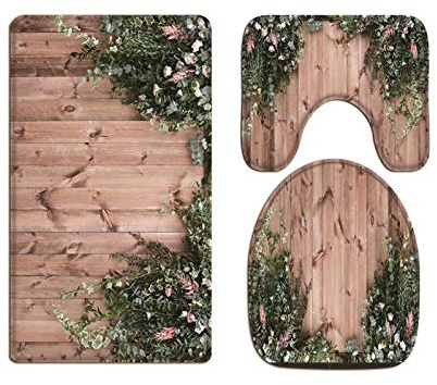 A.Monamour Badezimmer Badematte 3 Teilig Set Weiße Blume Und Blattpflanze Über Holzzaun Garten Natur Flanell WC Toilette Deckel Deckt Bad Matte Teppich Badteppiche Badvorleger Badgarnitur Vorleger