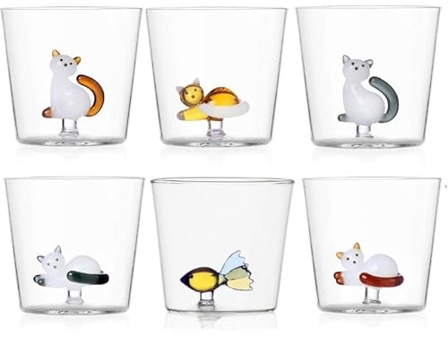 Ichendorf Set 6 bicchieri da acqua in vetro decorato Animali Animal Farm Tabby fantasia pesce