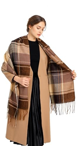 Miss Lulu Winter Schal Damen Oversized – kuschelig warmer karierter Wollschal mit langen Fransen, Weihnachtsschal für Frauen, Mama & Freundin oder für Alltag (Braun)