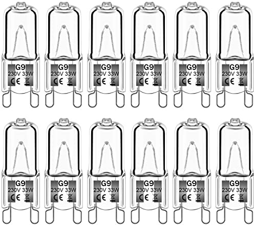 Haraqi 12Pack G9 Halogen Bulbs 33W 230V 2800K Warm White 390lm,Clear Capsule Halogen Lamps Dimmable, No Strobe, No Flicker