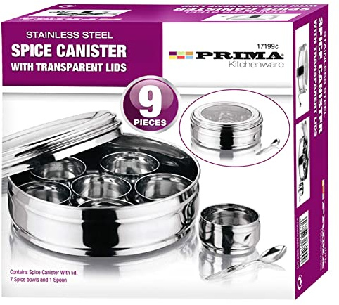 9 Pcs PRIMA Stainless Steel Spice Box | Masala & Dressing Dispenser Canister | Indian & Pakistani Traditional Dabba Jars | Transparent Lid 20cm Home Kitchen Restaurant Storage Organiser UK FREE P&P
