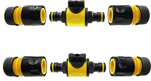 SolaDirect In-Line Shut-Off Valve for Join Garden Hose Pipe Tube, Double Male Connector Valve Extender with Matching Hose End Quick Connectors (Yellow, Pack of 2)