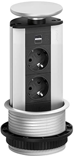 Steckdosenleiste EVOline Port 2x Schukosteckdosen 1x USB-A, C-Charger Alufarbig