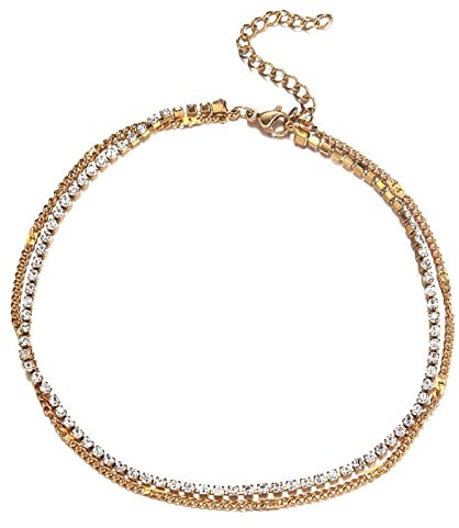 Daesar Fußkette Damen Edelstahl, Fußkettchen Urlaub 2-Layer Gliederkette mit Zirkonia Fußketten 30CM Gold Verlängerung