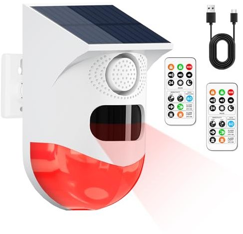 Cuteefun Sensore Movimento Solare, Sensori di Movimento con 2 Telecomando, Rilevatori di Movimento Senza Fili, Suono da 120dB e Impermeabilità IP67, Rilevatore Presenze per Garage, Giardino, Ufficio