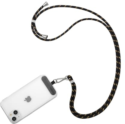 ZTOFERA Mobile Phone Lanyard with Patch, Universal Crossbody Lanyard Adjustable Nylon Neck Strap Necklace Cell Phone Strap Compatible with Most Smartphones, Black & Gold