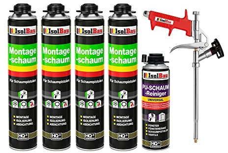 Isolbau Bauschaum-Set - Inkl. 4 x 1K Montageschaum B2 Pistolenschaum mit hervorragender Schall und Wärmedämmung (je 750 ml), 1 x PU-Schaum-Reiniger (500 ml) & 1 x Schaumpistole, Abdichten