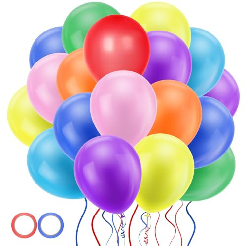 Jsdoin 12 Inch 100 Packs Rainbow Party Balloons, Assorted Multicoloured Latex Balloons with 2 Rolls of Ribbon for Birthday Party Wedding Baby Shower